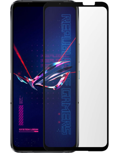 Rog Phone 6 med härdat glas monterat, visar skärmen och skyddet i detalj