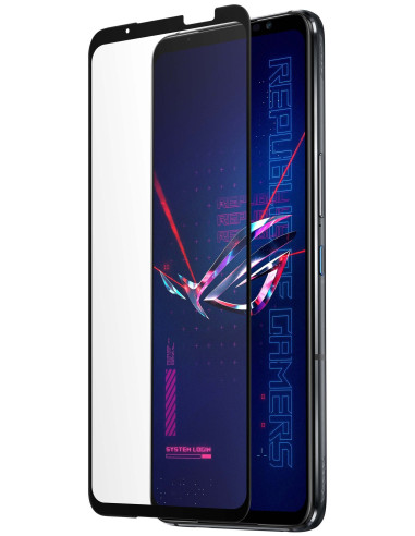Rog Phone 6 med härdat glas, visat från sidan med skärmen och skyddet i fokus