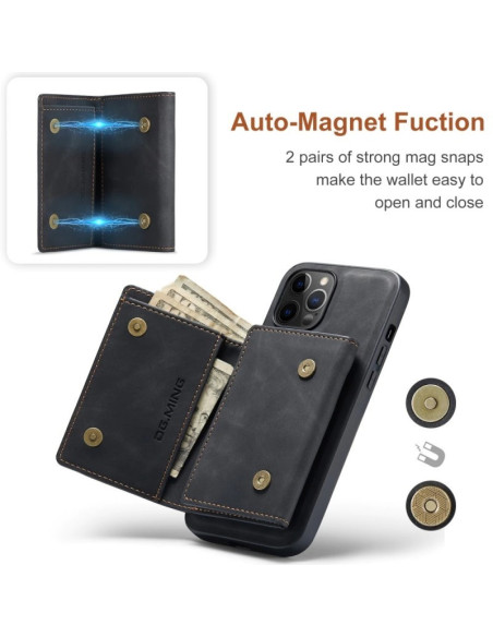 Svart iPhone 14 Pro Max skal med magnetisk korthållare, öppet och visat inifrån med kort och sedlar