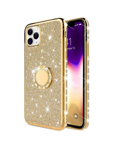 Svart iPhone 13 Pro Max skal med ringhållare, sedd framifrån med glittrande strassdetaljer