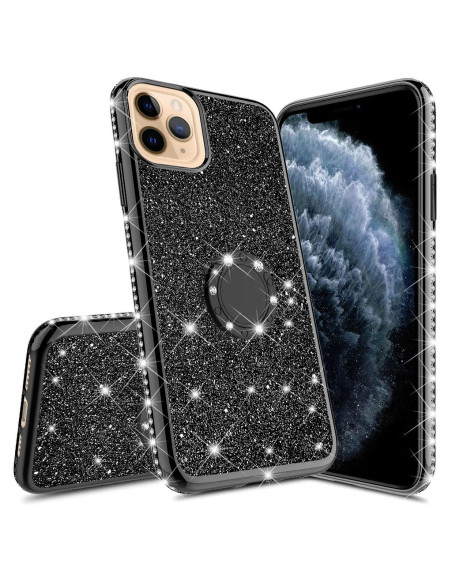 Svart skal för iPhone 13 Pro Max med ringhållare och glittrande strass, monterat på telefon