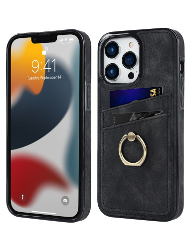 Svart mobilskal för iPhone 13 Pro med korthållare och ringfäste, sett från sidan