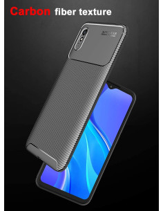 Slimmat skal i karbonfiberdesign för Redmi 9A, sett från sidan med telefon monterad