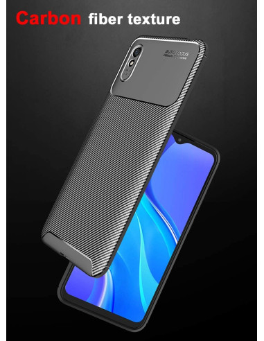 Slimmat skal i karbonfiberdesign för Redmi 9A, sett från sidan med telefon monterad