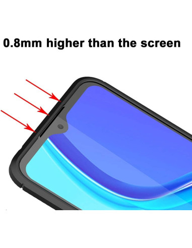 Detaljvy av Redmi 9A skalets kant, som är 0.8 mm högre än skärmen för extra skydd