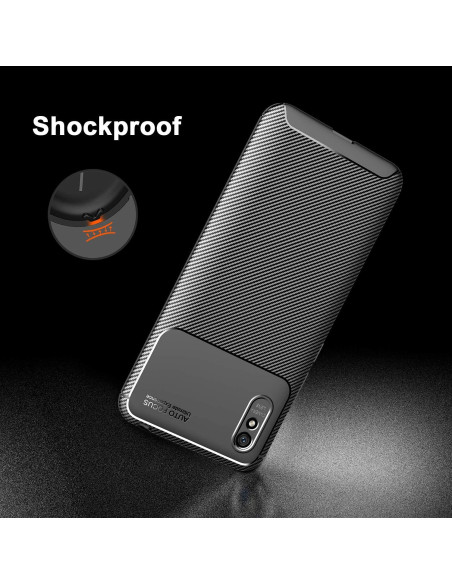 Redmi 9A skal med karbonfiberdesign, sett bakifrån med kamerautskärning och stöttålig märkning