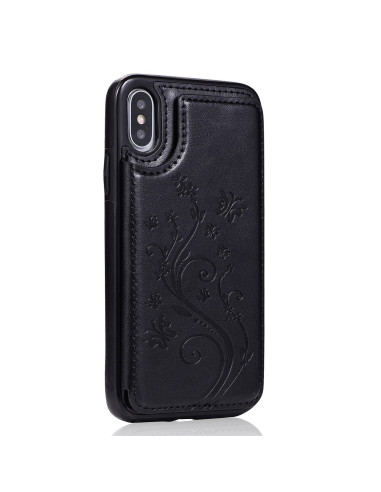 Svart iPhone X/XS skal med korthållare och blommönster från sidan