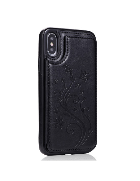 Svart iPhone X/XS skal med korthållare och blommönster från sidan