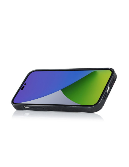 Svart mobilskal för iPhone 14 Pro Max med korthållare, sett från sidan med skärmen synlig