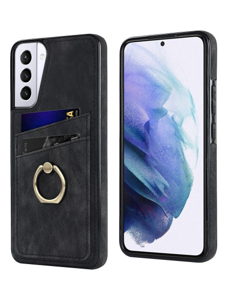 Svart mobilskal för Samsung S21 med korthållare och ringfäste, sett från sidan