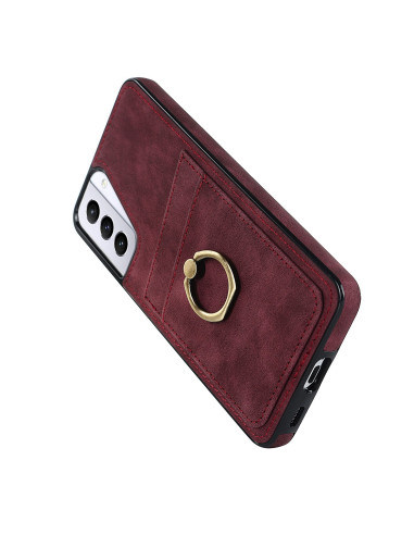 Mobilskal för Samsung S21 i röd retrodesign med korthållare och ringfäste, sett snett bakifrån