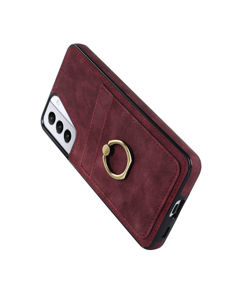 Mobilskal för Samsung S21 i röd retrodesign med korthållare och ringfäste, sett snett bakifrån