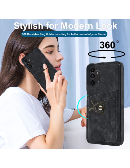 Svart mobilskal för Samsung A13 5G med korthållare, hålls i handen med ringfäste synligt bild 7