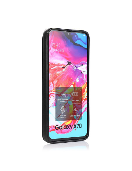 Samsung A70 med svart stöttåligt Flippr V2 skal, visad framifrån med öppen korthållare