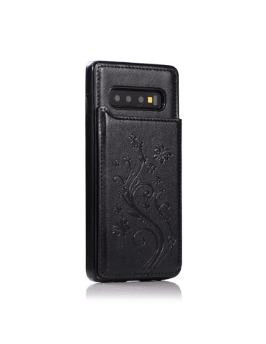 Svart stöttåligt skal för Samsung S10 Plus med korthållare, visat från sidan med detaljerad design