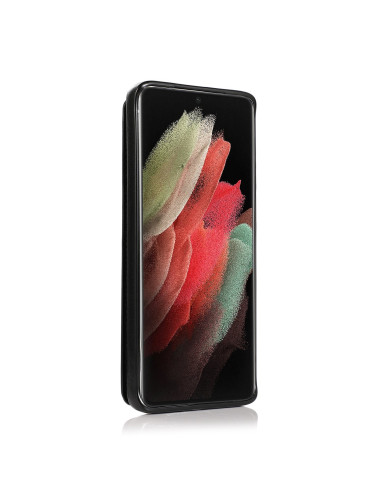Svart stöttåligt skal för Samsung S21 Ultra, sett från sidan med korthållare i fokus