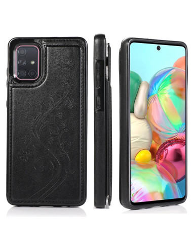 Svart stöttåligt skal för Samsung A71 med flip-design och tre kortfack, sett från sidan