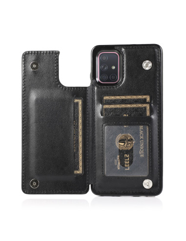 Inuti svart flip-skal för Samsung A71 med tre kortfack och telefon monterad