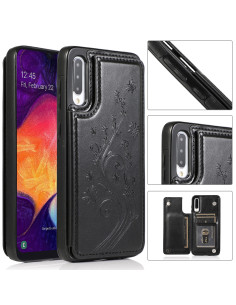 Svart stöttåligt skal med korthållare för Samsung A50, visat från sidan med detaljerad design
