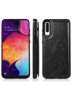 Svart stöttåligt skal med korthållare för Samsung A50, visat från sidan med detaljerad design 2