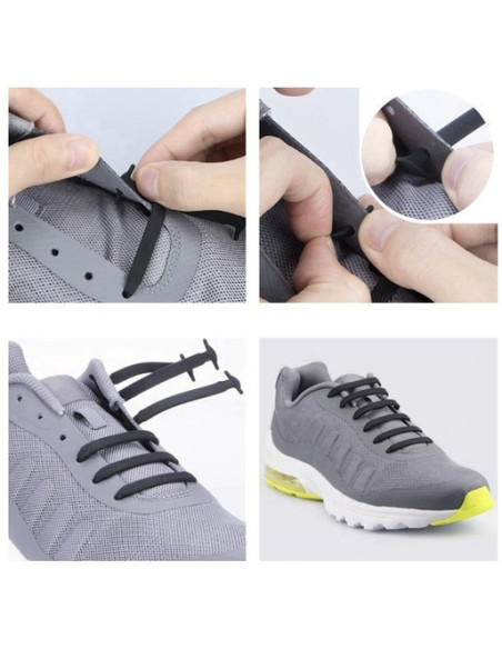 Elastiska skosnören i svart monterade på grå sneakers med detaljer i limegrön