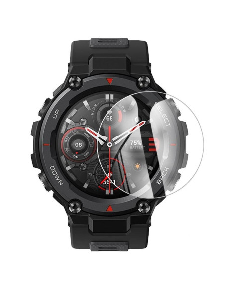 Amazfit T-Rex 2 med härdat glas monterat på skärmen, visande batterinivå och tid