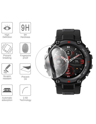 Amazfit T-Rex 2 med härdat glas, visande skärm och ikoner för batterinivå och funktioner