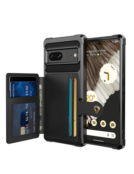 Pixel 7 skal i svart TPU med fyra kortfack och RFID-skydd, öppet för att visa insidan