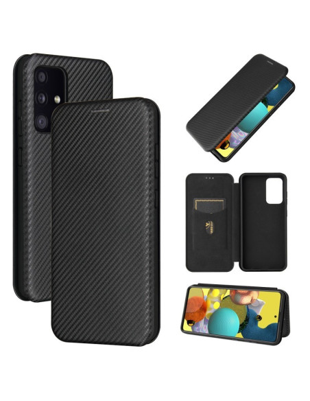 Flipfodral i svart carbondesign med kortfack, öppet och stängt, för Samsung A13 4G