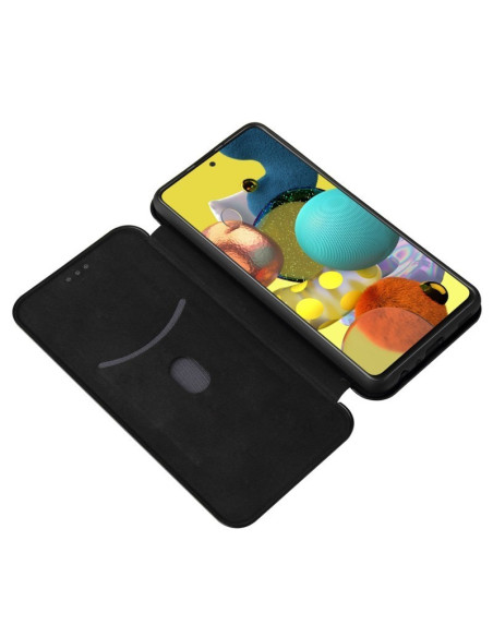 Samsung A13 4G flipfodral i svart, öppet med synlig skärm och kortfack