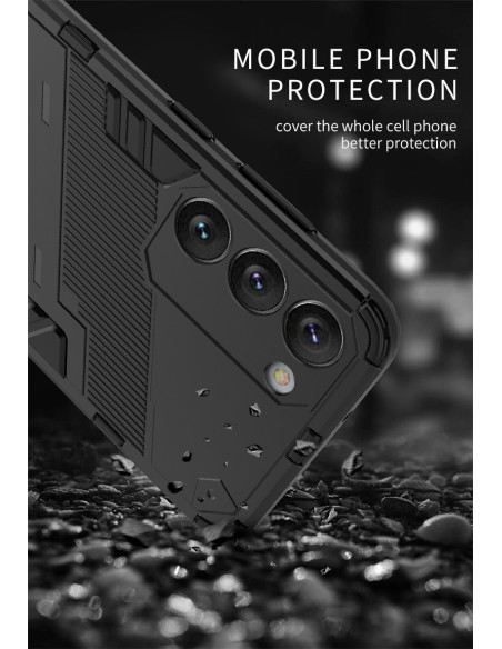 Samsung S23 skal i svart TPU med kickstand, visat från baksidan med fokus på kamerautskärning
