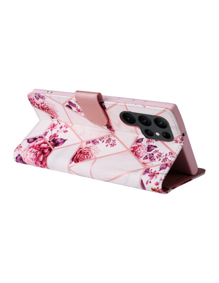 Plånboksfodral för Samsung S23 Ultra med blommönster, sett från sidan med stativfunktion