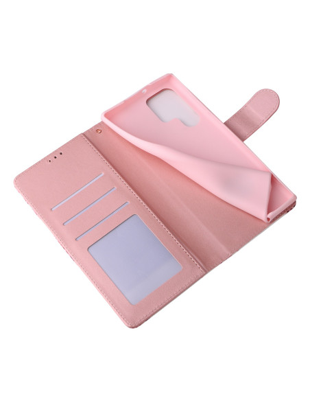 Inuti plånboksfodral för Samsung S23 Ultra med kortfack och mjuk rosa insida