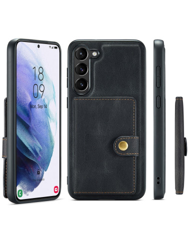 Svart stöttåligt skal för Samsung S23 med magnetisk korthållare, sedd från sidan