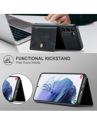 Samsung S23 skal med magnetisk korthållare, visat med kickstand-funktion och telefon monterad