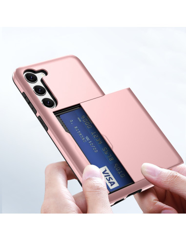 Samsung S23 Plus skal i rosa med kortfack, hålls i handen med kort synligt