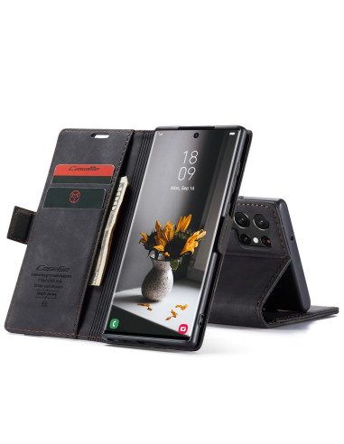 Svart flipfodral för Samsung S23 Ultra med kortfack och ställfunktion, öppet läge