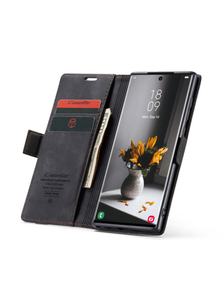 Svart flipfodral för Samsung S23 Ultra med öppet lock och kortfack, visad framifrån