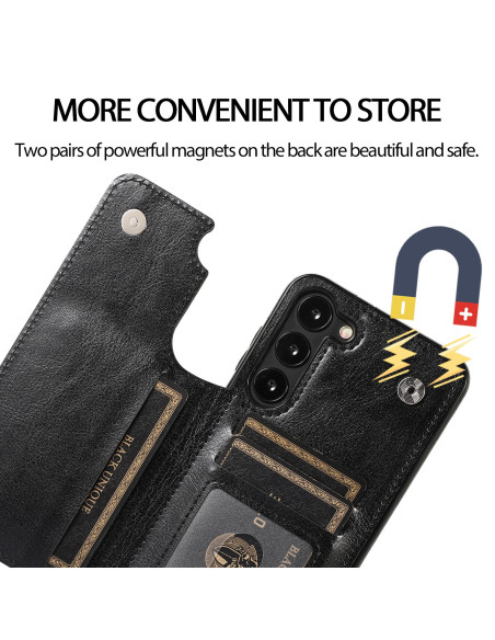 Svart flip-skal för Samsung S23 Plus med korthållare, visat med öppet fack och fokus på magnetisk stängning