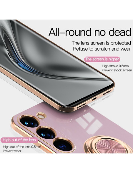 Samsung S23 skal i guld med ringhållare, sett framifrån med skärm och ringhållare i fokus