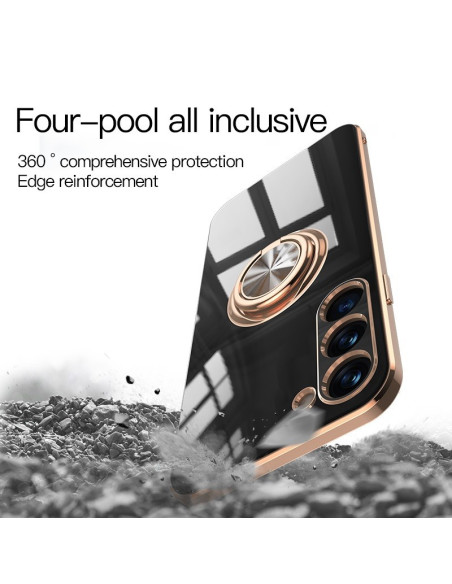Samsung S23 skal i guld med ringhållare, detaljvy av ringhållaren och baksidan