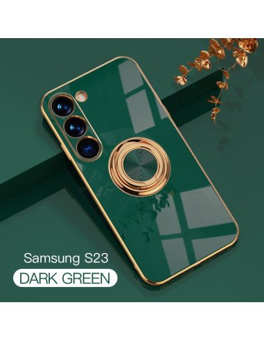 Samsung S23 skal i mörkgrön med ringhållare, sett bakifrån med fokus på ringhållaren