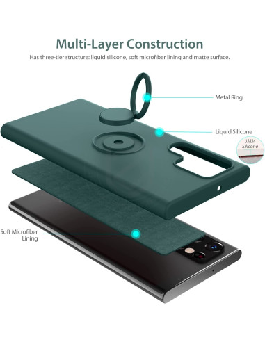 Samsung S22 Ultra skal i svart med ringhållare, närbild av skalets insida och materialstruktur