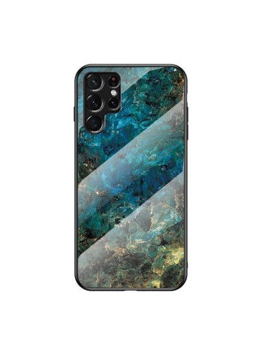 Marmorskal i blå och grön nyans för Samsung S23 Ultra, med härdat glasbaksida