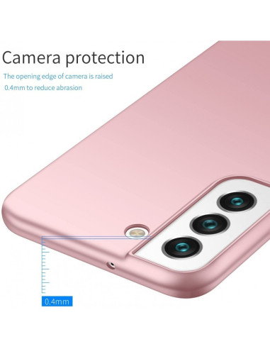 Detaljvy av rosenguld mobilskal för Samsung S23 med fokus på kameraskyddets höjd