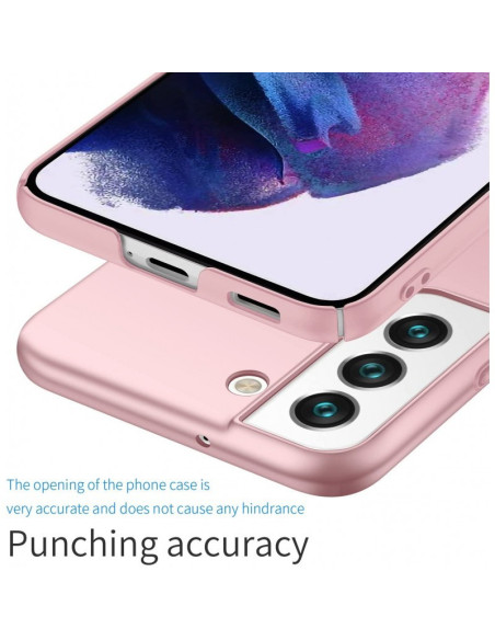 Närbild av rosenguld mobilskal för Samsung S23, med fokus på öppningen för knappar och portar
