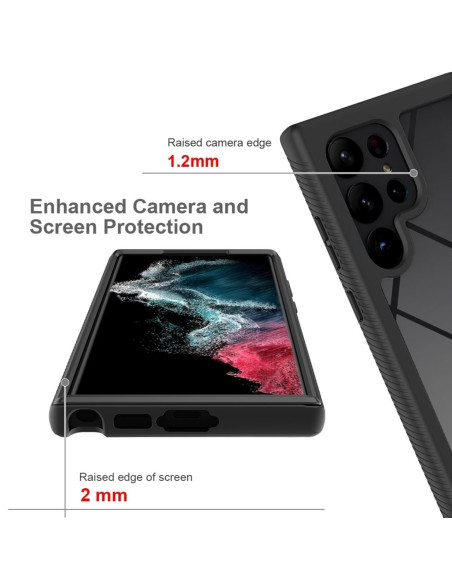 Detaljvy av Samsung S23 Ultra skal med förstärkt kameraskydd och skärmkant
