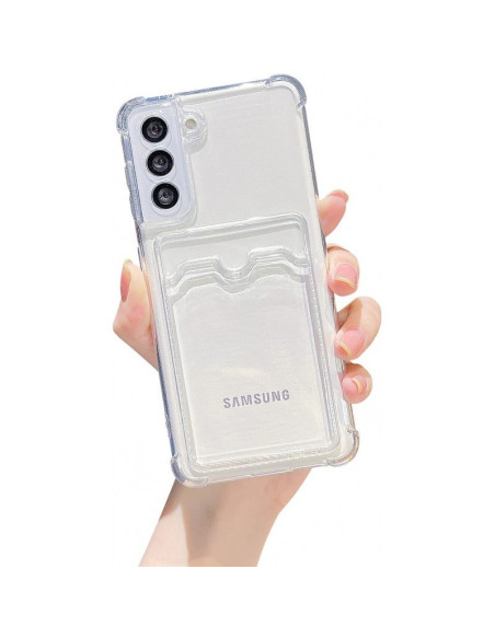 Transparent stöttåligt skal med kortfack, hålls i hand, för Samsung S23 Plus