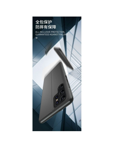 Svart Smart View fodral för Samsung S23 Ultra sedd från sidan med fönster och elegant design