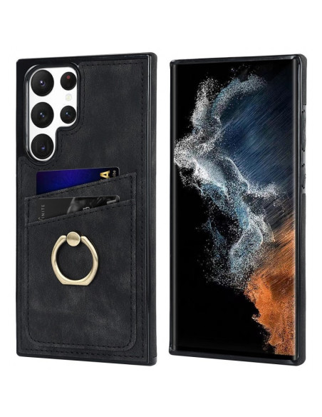 Svart mobilskal för Samsung S23 Ultra med korthållare och ringfäste, sett framifrån